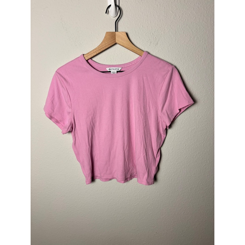 Athleta Signature Rib Short Sleeve Tee Pink Crew Neck Ribbed Crop Top XL